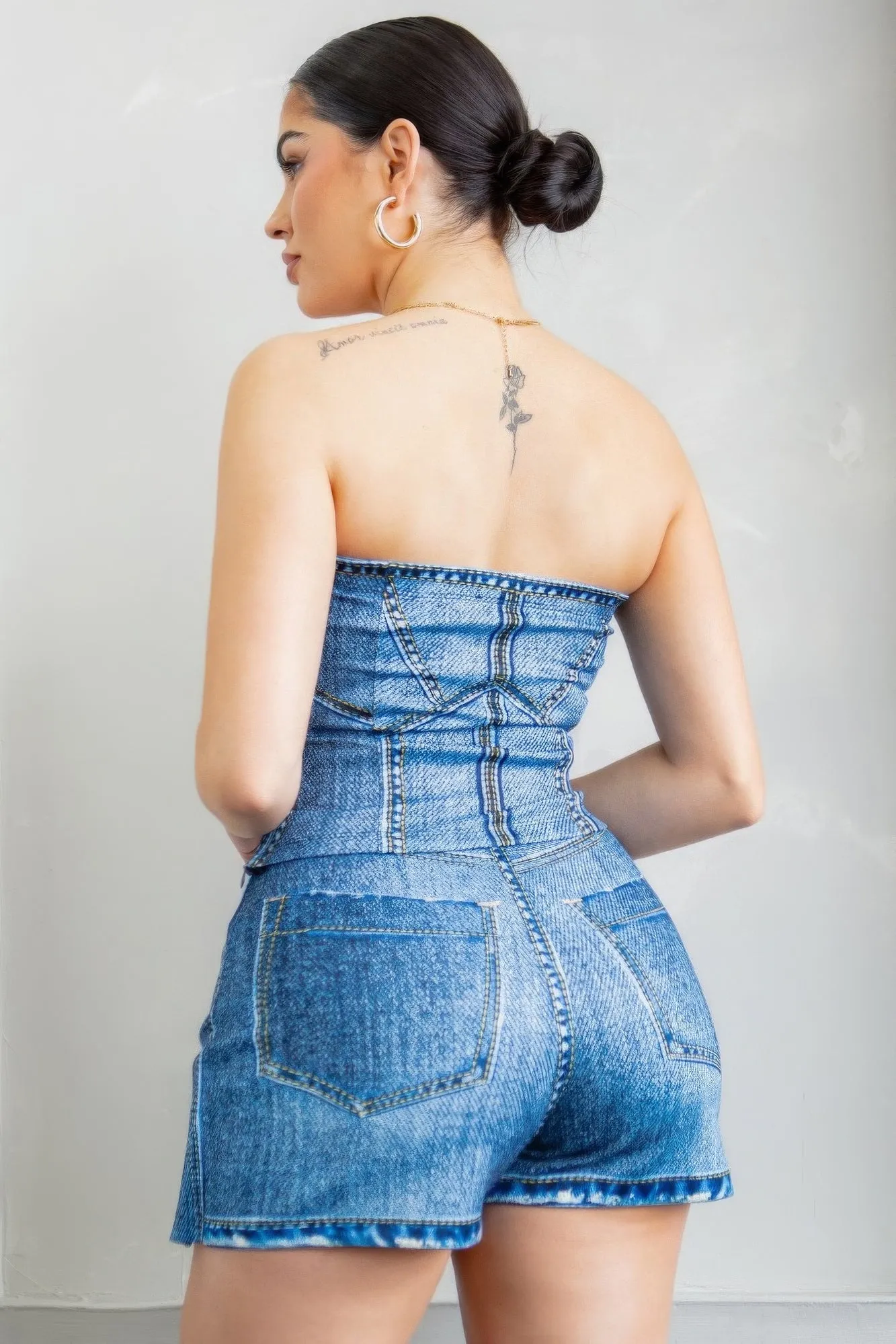 Faux Denim Effect Corset Top & Bottom Set