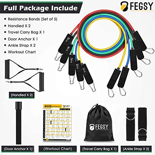 FEGSY Resistance Bands Set for Exercise, Stretching, and Workout Toning Tube Kit with Foam Handles, Door Anchor, Ankle Strap, and Carrying Bag for Men, Women (Natural Latex)