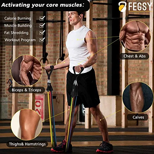 FEGSY Resistance Bands Set for Exercise, Stretching, and Workout Toning Tube Kit with Foam Handles, Door Anchor, Ankle Strap, and Carrying Bag for Men, Women (Natural Latex)