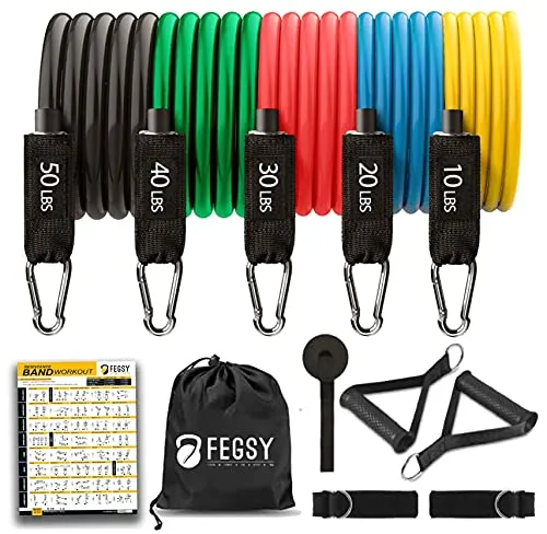 FEGSY Resistance Bands Set for Exercise, Stretching, and Workout Toning Tube Kit with Foam Handles, Door Anchor, Ankle Strap, and Carrying Bag for Men, Women (Natural Latex)