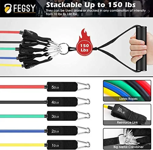 FEGSY Resistance Bands Set for Exercise, Stretching, and Workout Toning Tube Kit with Foam Handles, Door Anchor, Ankle Strap, and Carrying Bag for Men, Women (Natural Latex)