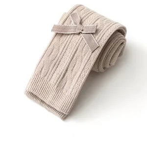 Girls Cable Knit Tights with Bowknot Decor, Toddler High-Stretch Pantyhose, Leggings for Winter