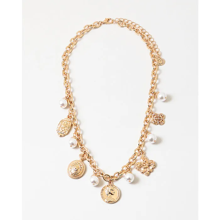 Gold Coin and Pearl Charm Necklace