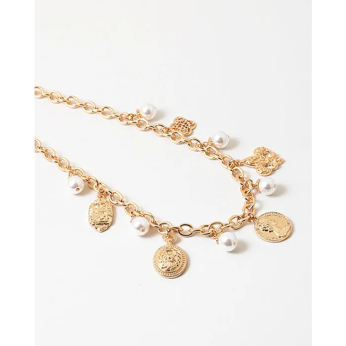 Gold Coin and Pearl Charm Necklace