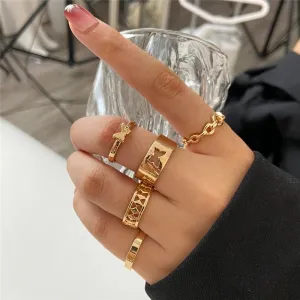 Gold Plated 5 Piece Butterfly Chain Cuts Ring Set
