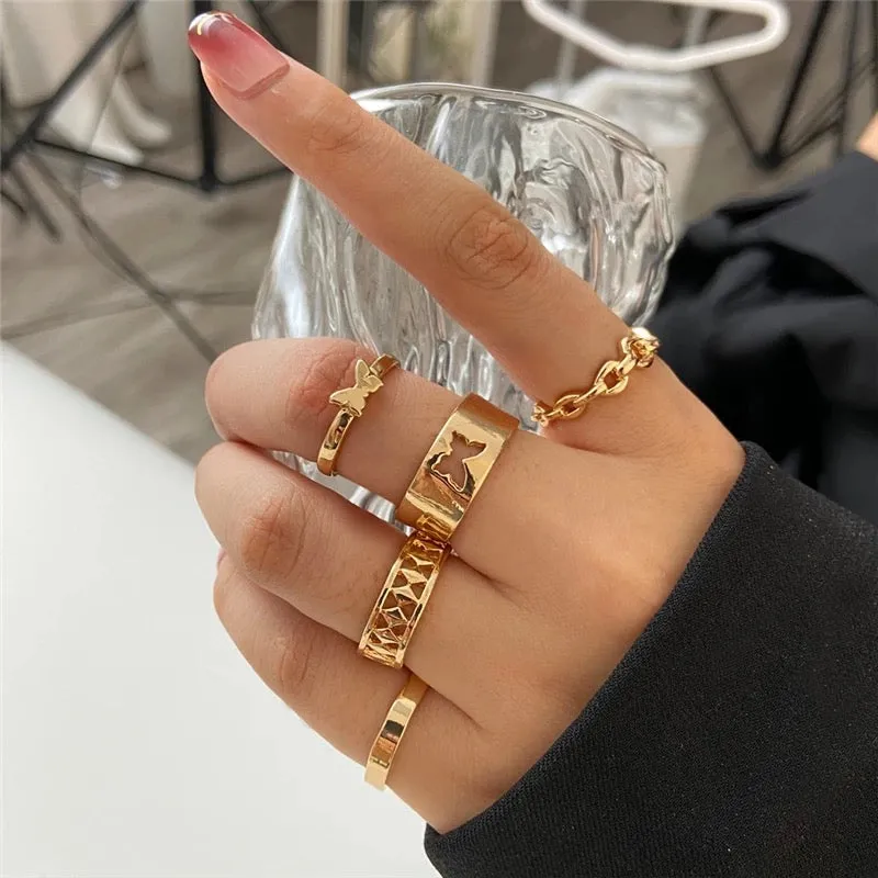 Gold Plated 5 Piece Butterfly Chain Cuts Ring Set