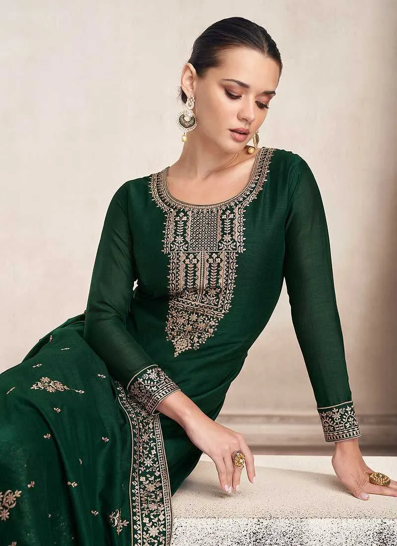 Green and Gold Embroidered Pant Style Suit