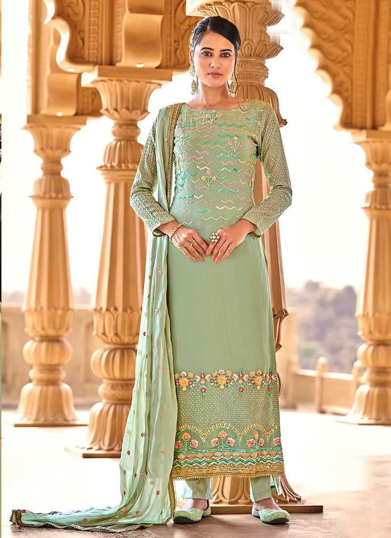 Green Heavy Embroidered Straight Pant Style Suit