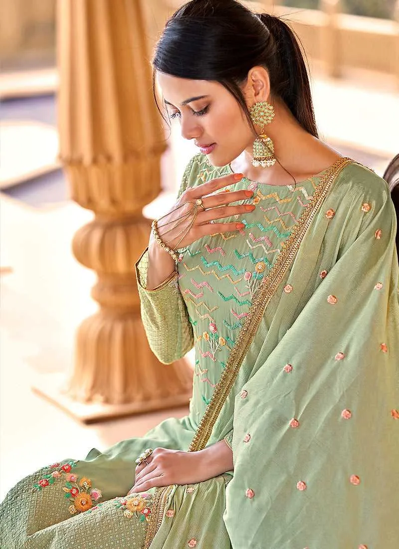 Green Heavy Embroidered Straight Pant Style Suit