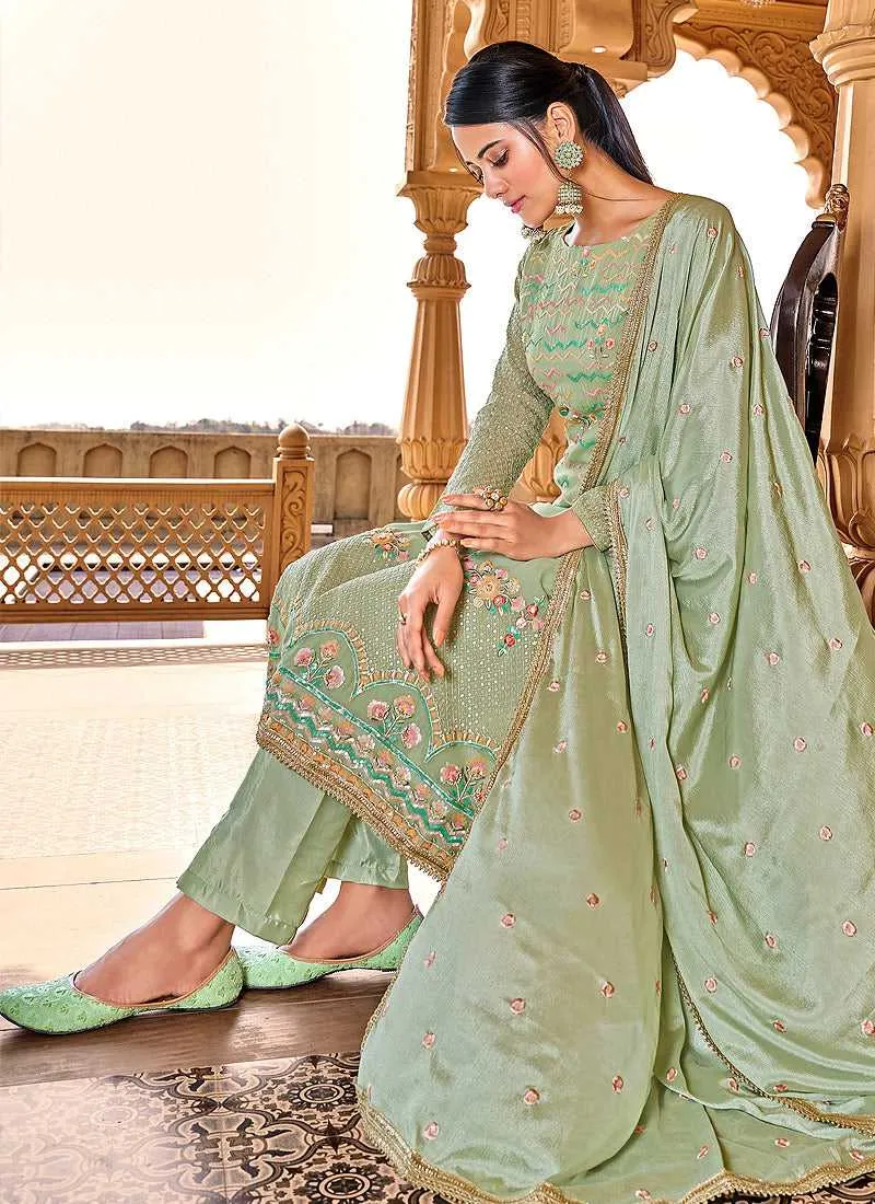 Green Heavy Embroidered Straight Pant Style Suit
