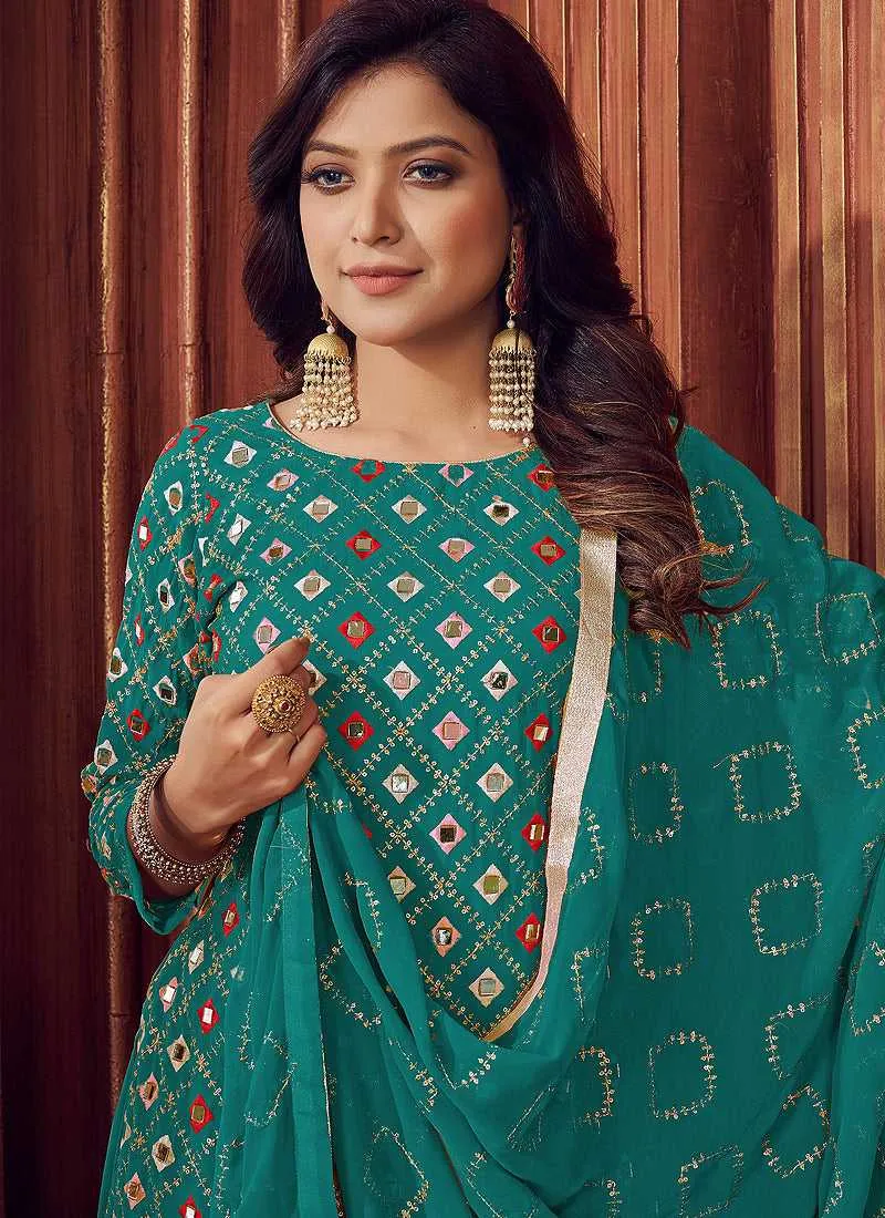 Green Mirror Embroidered Sharara Style Suit