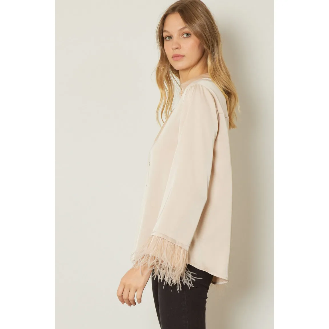 I'm A Glamour Girl Faux Ostrich Lined Top in Champagne