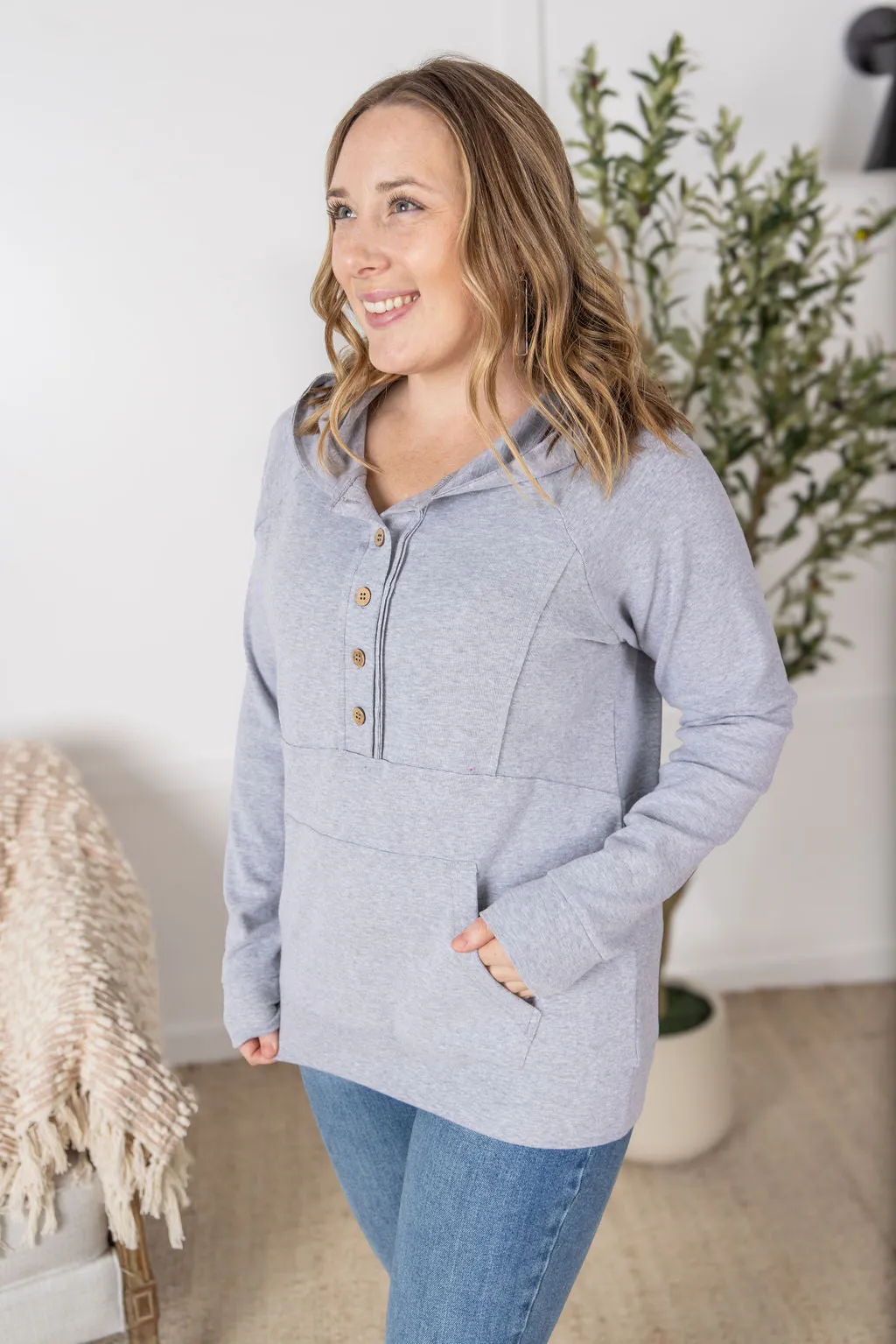 IN PRODUCTION Noelle Button Hoodie - Light Grey