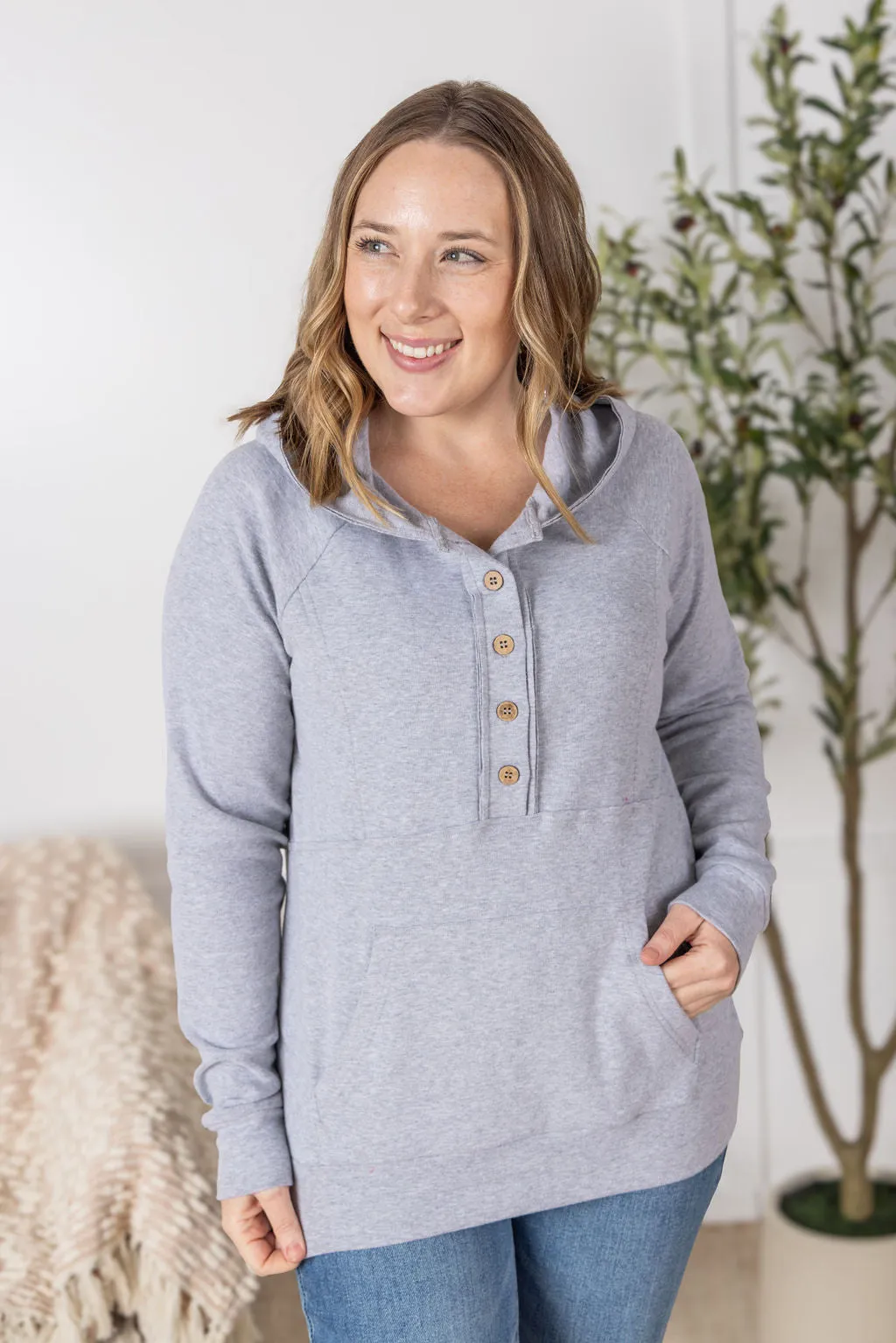IN PRODUCTION Noelle Button Hoodie - Light Grey