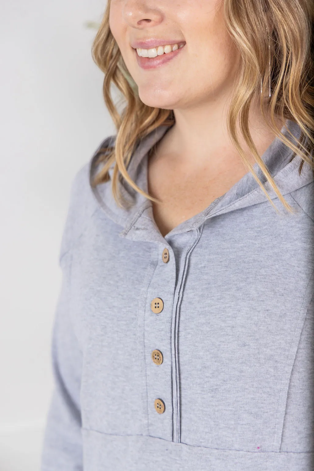 IN PRODUCTION Noelle Button Hoodie - Light Grey