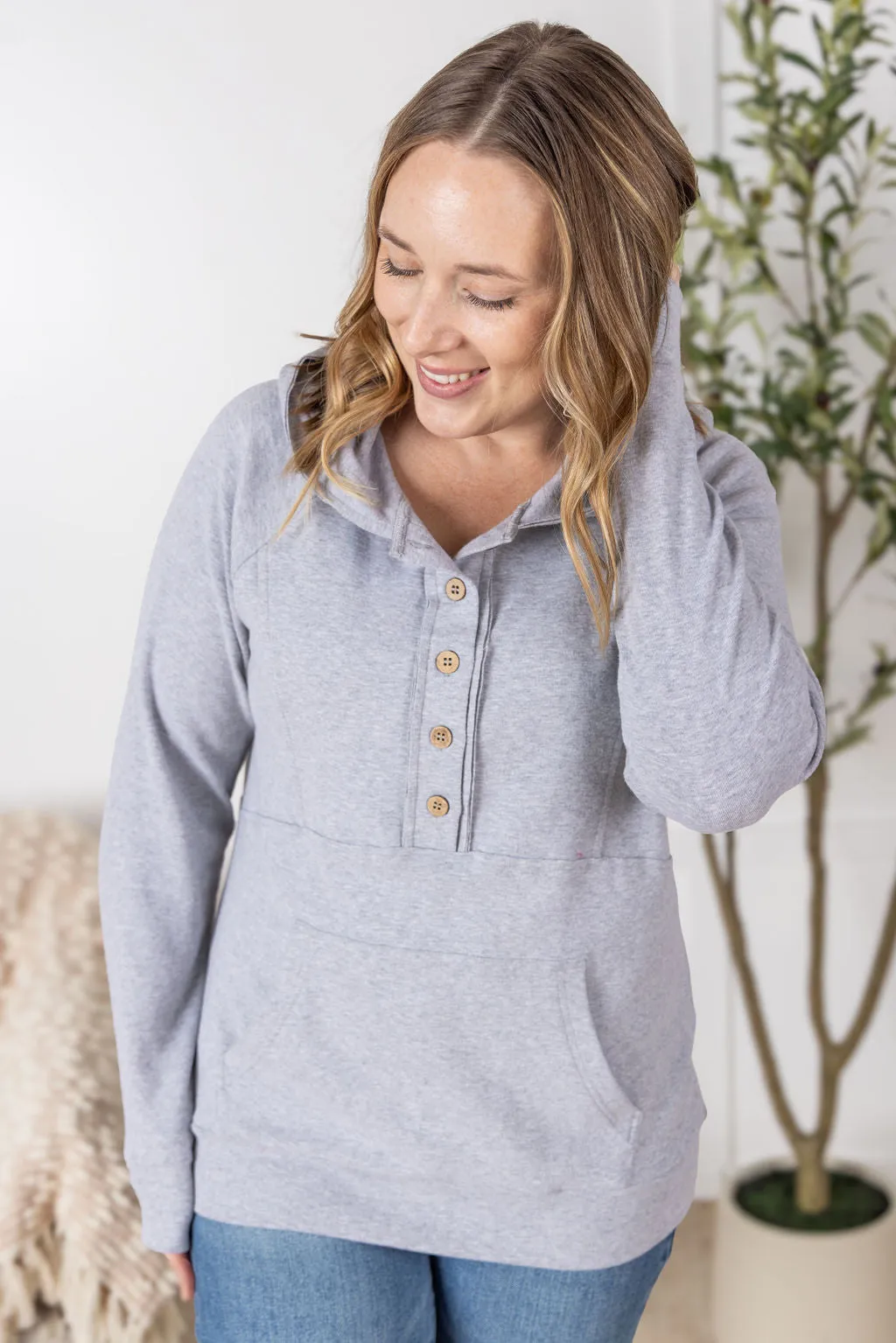 IN PRODUCTION Noelle Button Hoodie - Light Grey