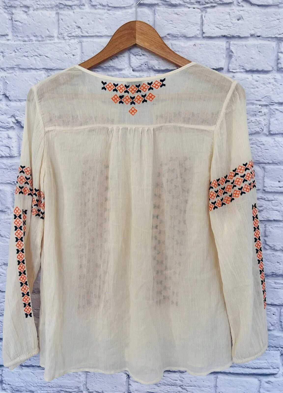 JOIE Womens Nira Geo Embroidery Top Ivory Sz S V-Neck 100% Cotton Boho Hippie