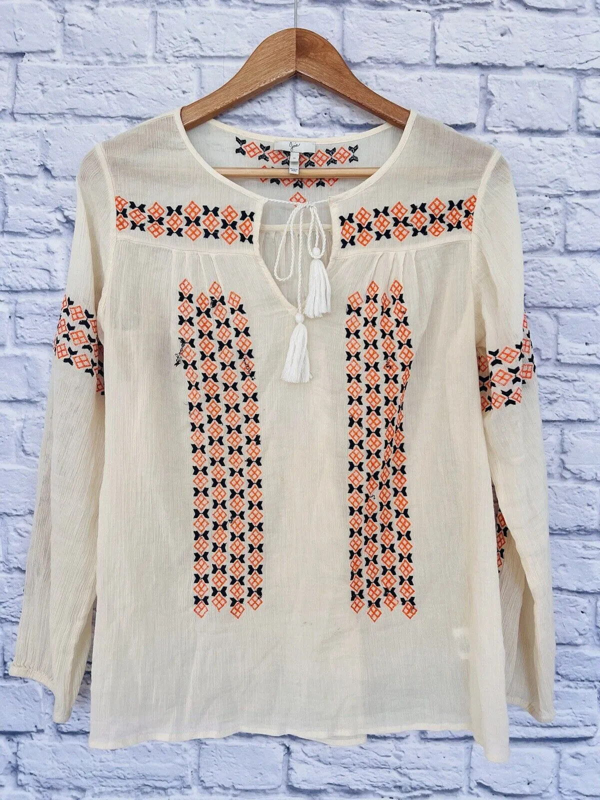 JOIE Womens Nira Geo Embroidery Top Ivory Sz S V-Neck 100% Cotton Boho Hippie