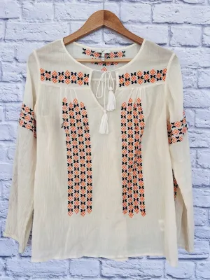 JOIE Womens Nira Geo Embroidery Top Ivory Sz S V-Neck 100% Cotton Boho Hippie
