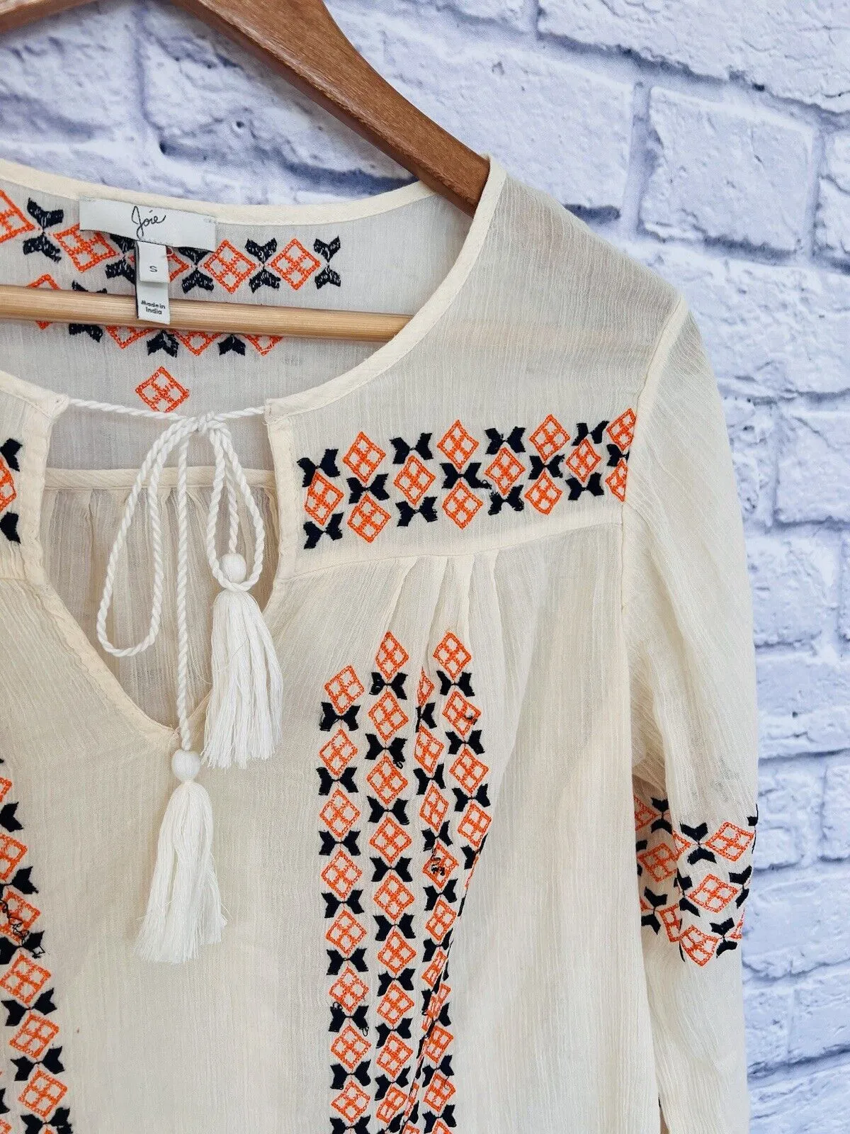 JOIE Womens Nira Geo Embroidery Top Ivory Sz S V-Neck 100% Cotton Boho Hippie
