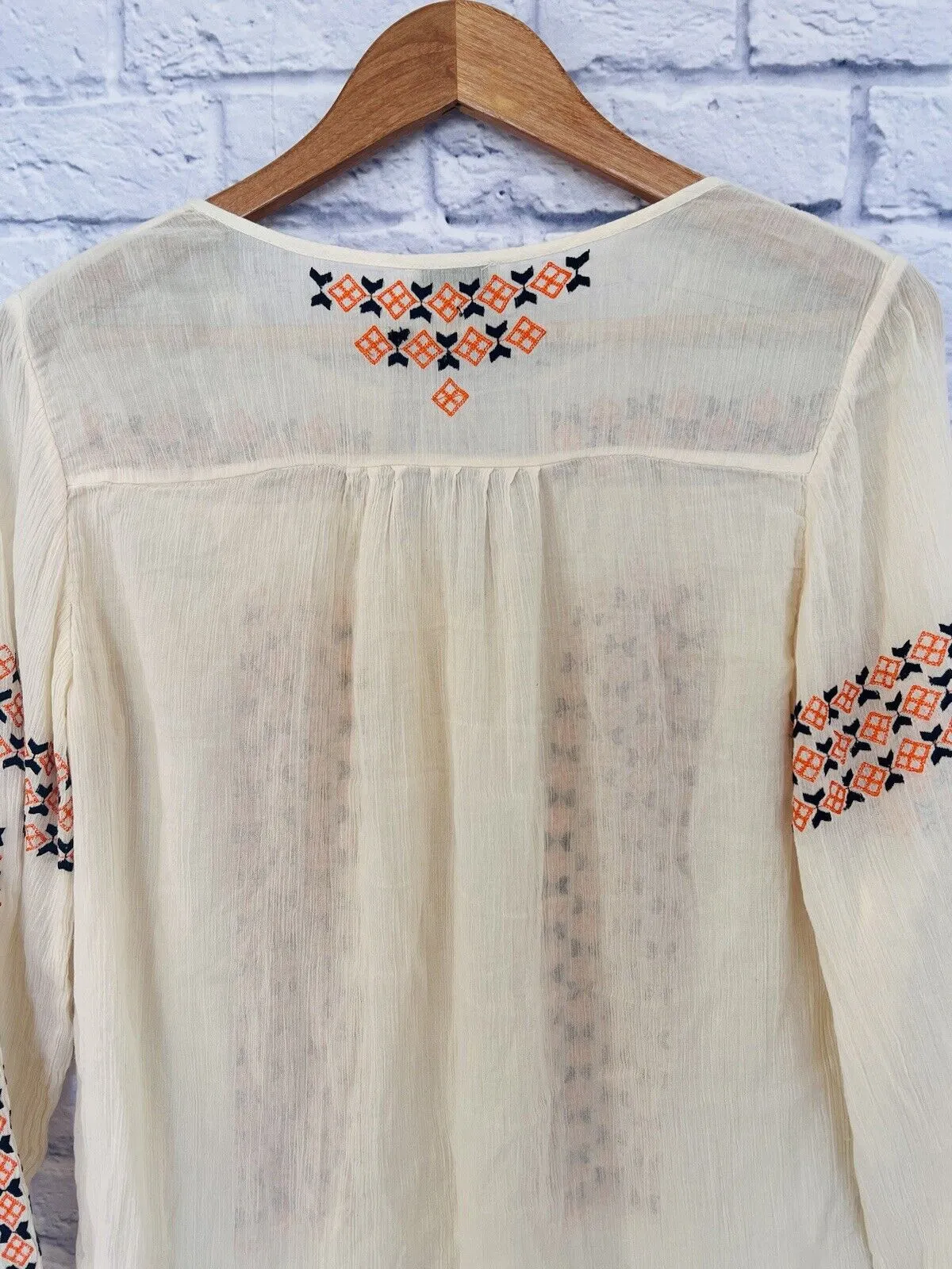JOIE Womens Nira Geo Embroidery Top Ivory Sz S V-Neck 100% Cotton Boho Hippie