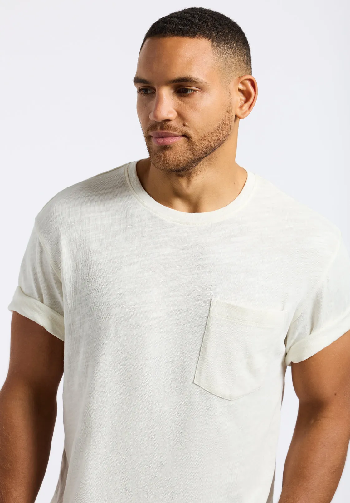 Kander Men's Slub Knit Crew Neck Pocket T-Shirt, Milk - BM24606