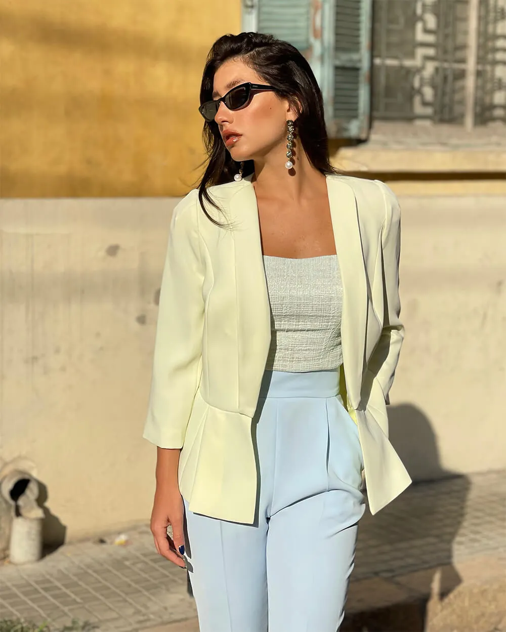 Light Yellow 3/4 Length Sleeve Blazer