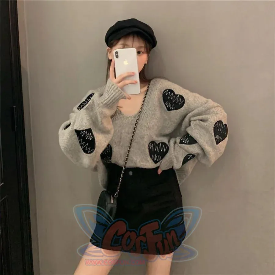 Love Heart Embroidery ECG Loose Sweater mp005940