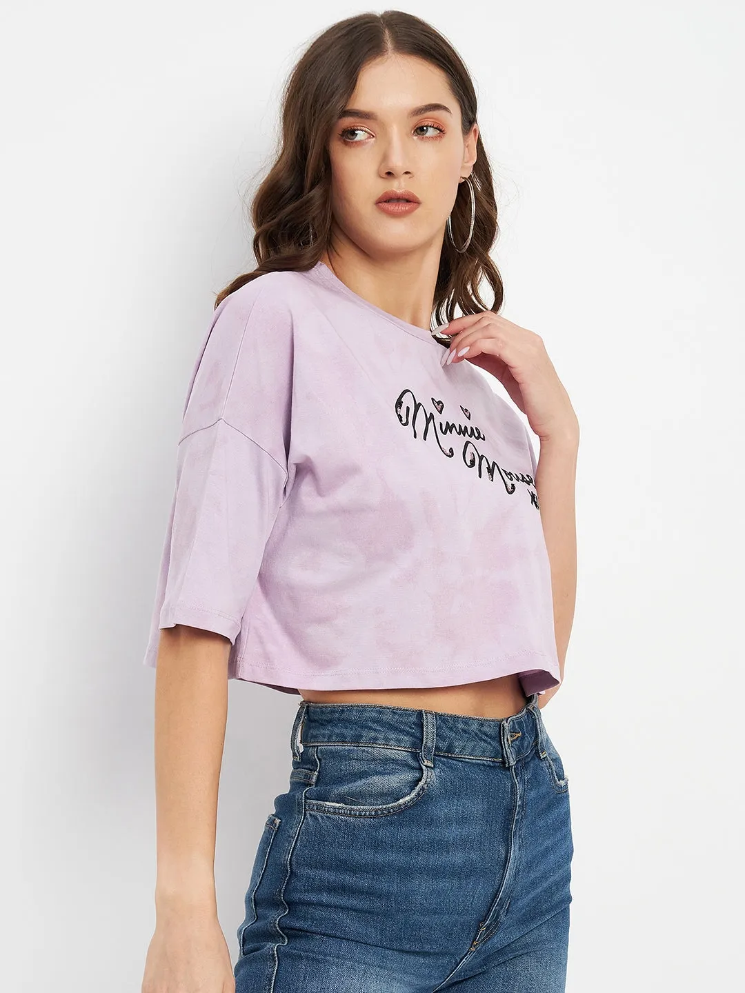 Madame Disney Print Lilac Crew Neckline  Typography Tshirt