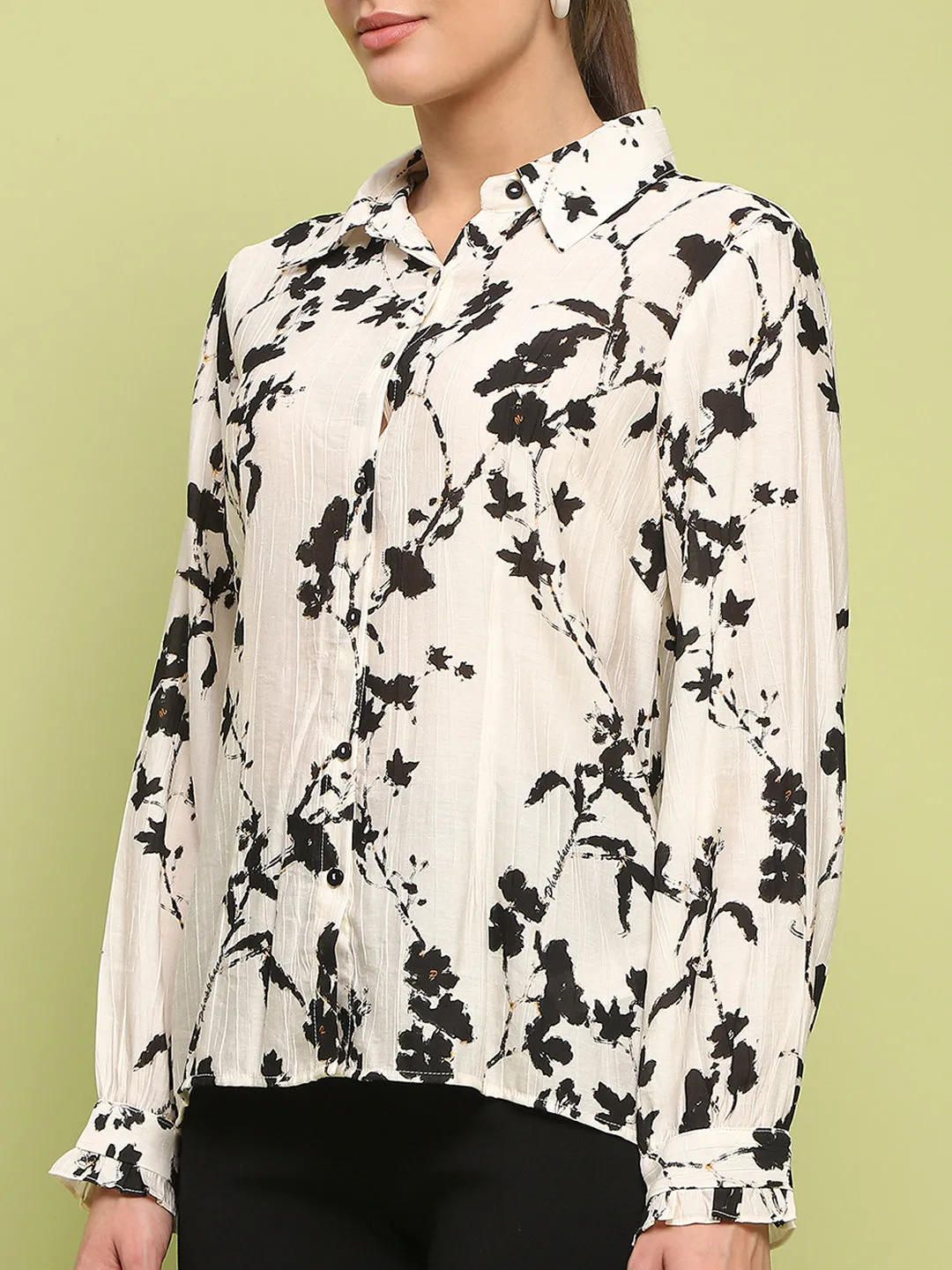 Madame Floral Print Buttoned Front Collared Off White Shirt