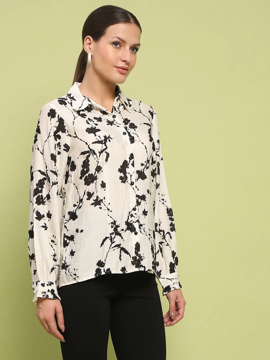 Madame Floral Print Buttoned Front Collared Off White Shirt