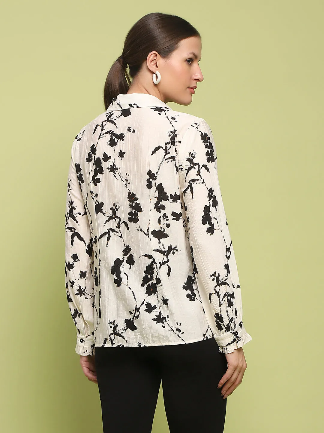 Madame Floral Print Buttoned Front Collared Off White Shirt