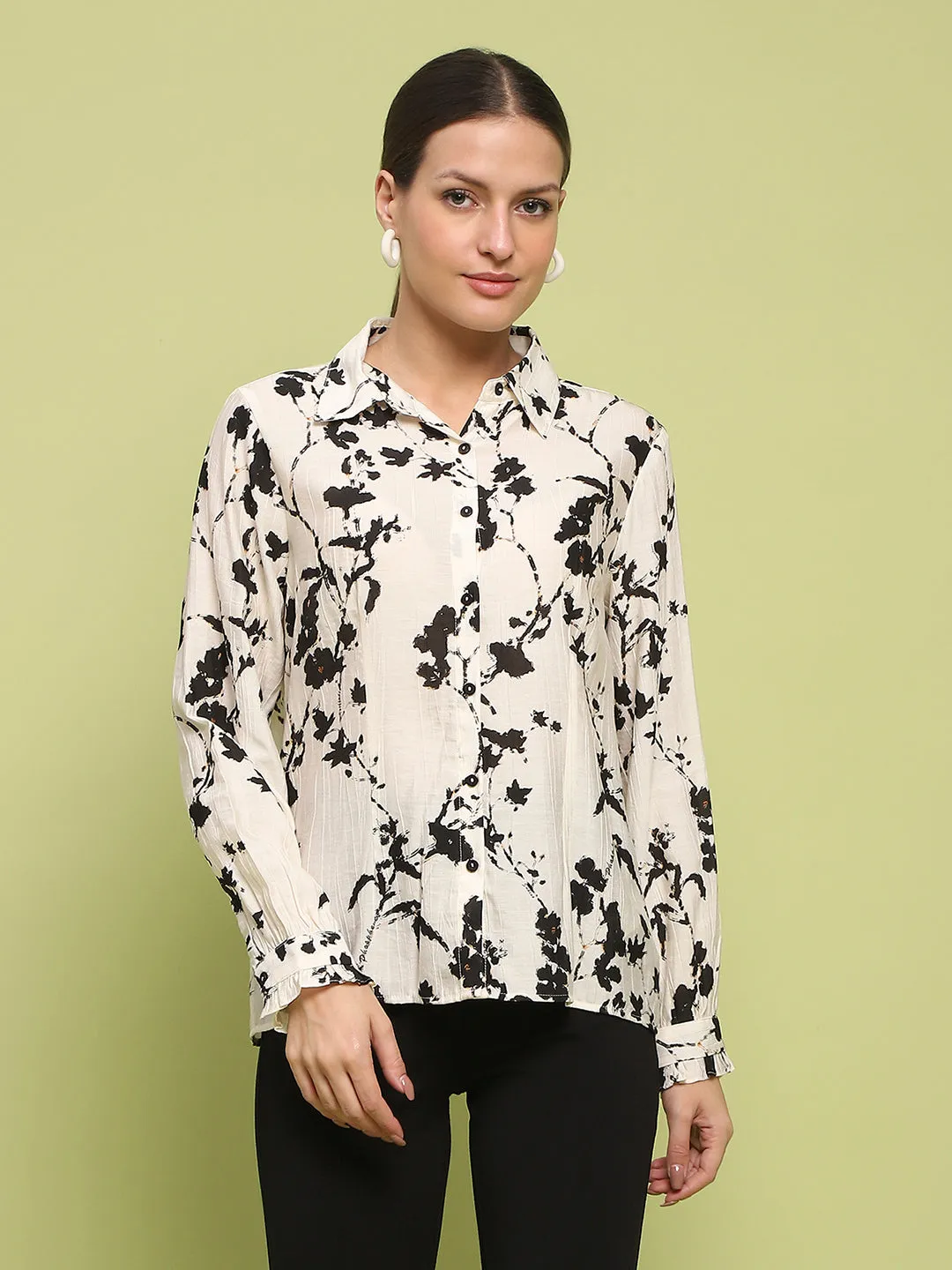 Madame Floral Print Buttoned Front Collared Off White Shirt
