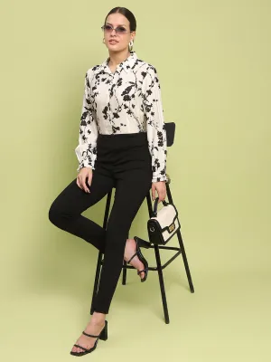 Madame Floral Print Buttoned Front Collared Off White Shirt