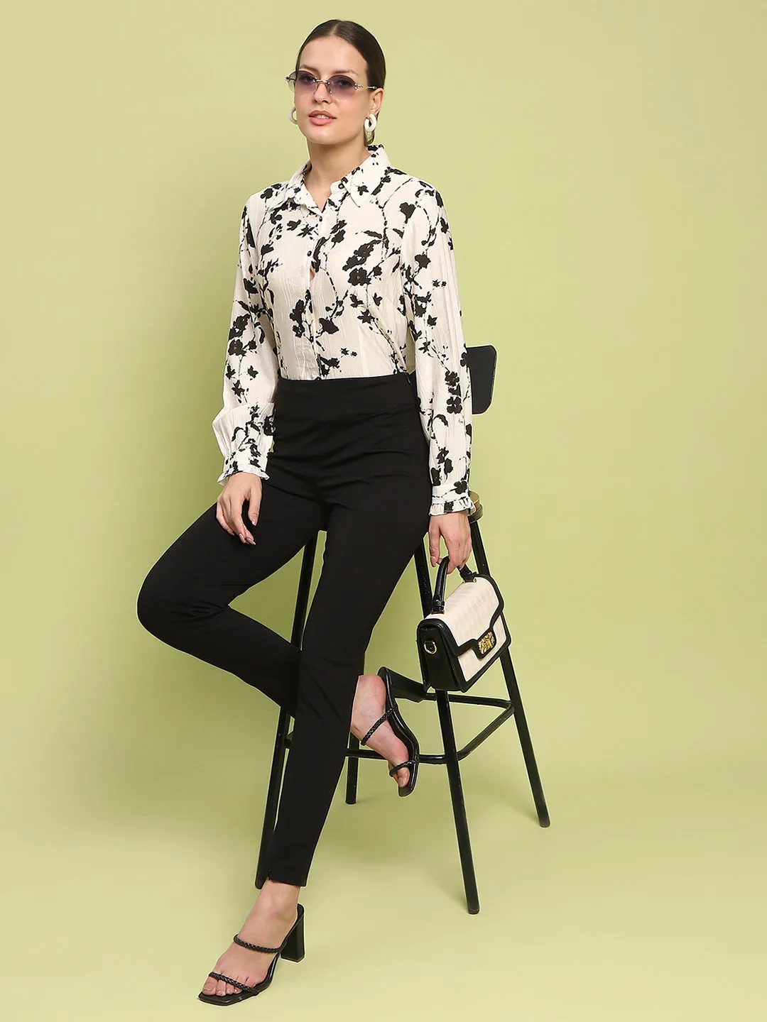 Madame Floral Print Buttoned Front Collared Off White Shirt