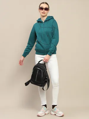 Madame Geometric Print Zipped Teal Hooded Sweatshirt