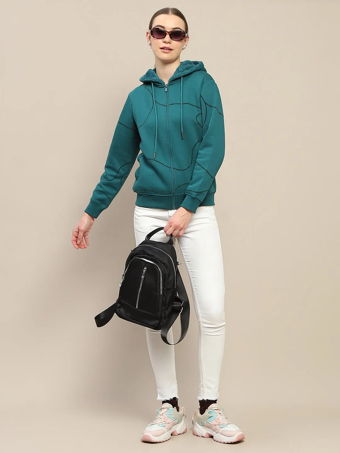 Madame Geometric Print Zipped Teal Hooded Sweatshirt
