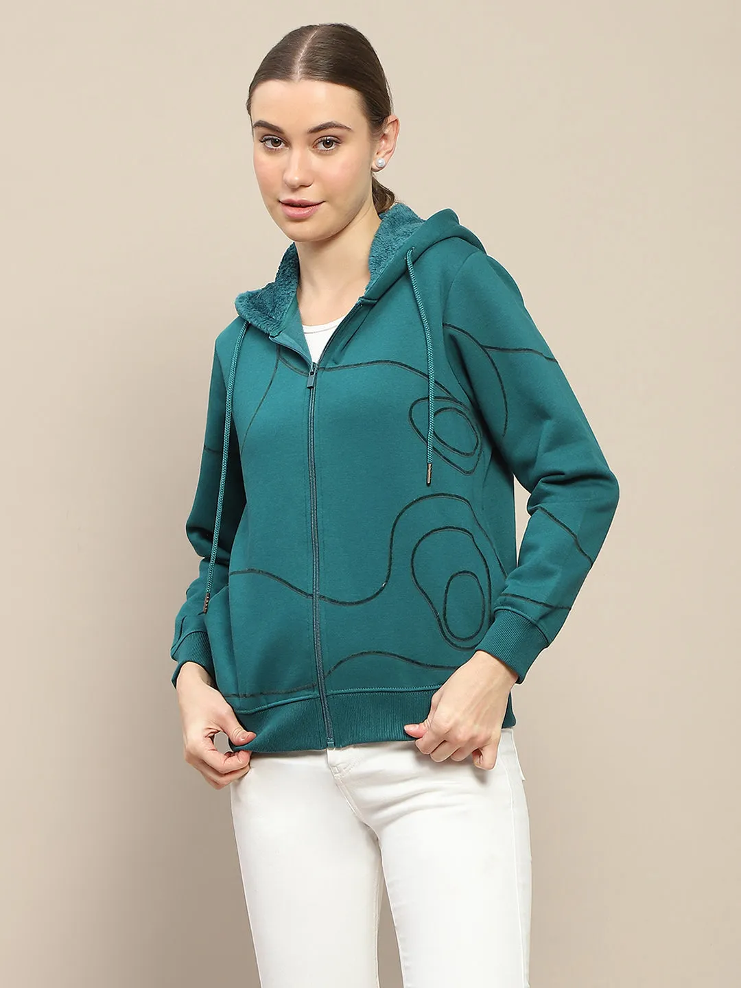 Madame Geometric Print Zipped Teal Hooded Sweatshirt