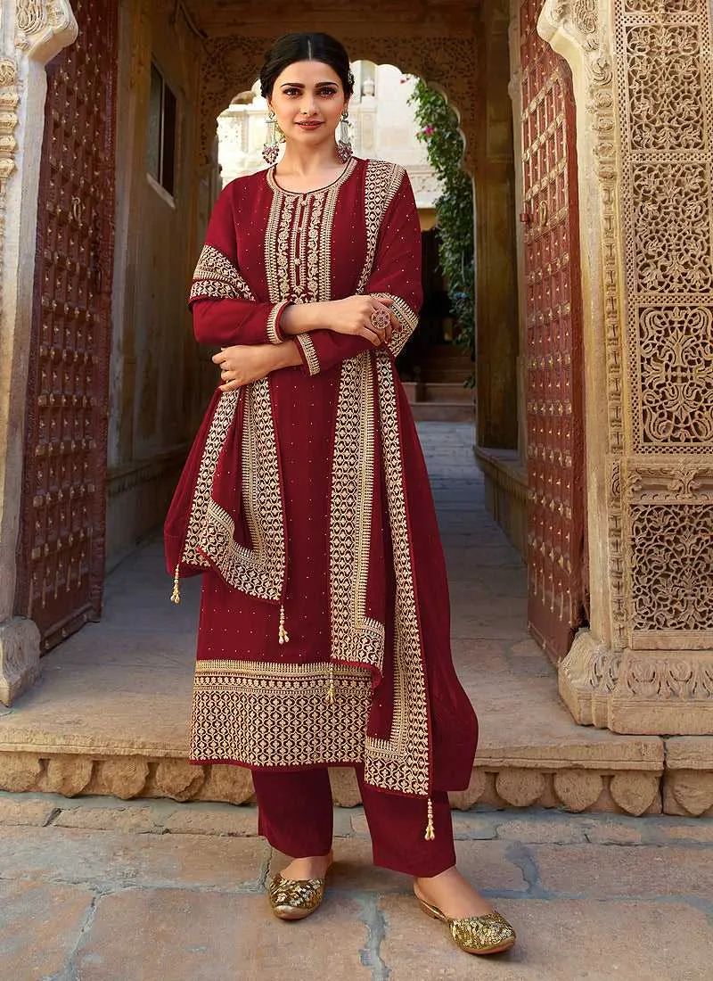 Maroon Embroidered Pant Style Suit