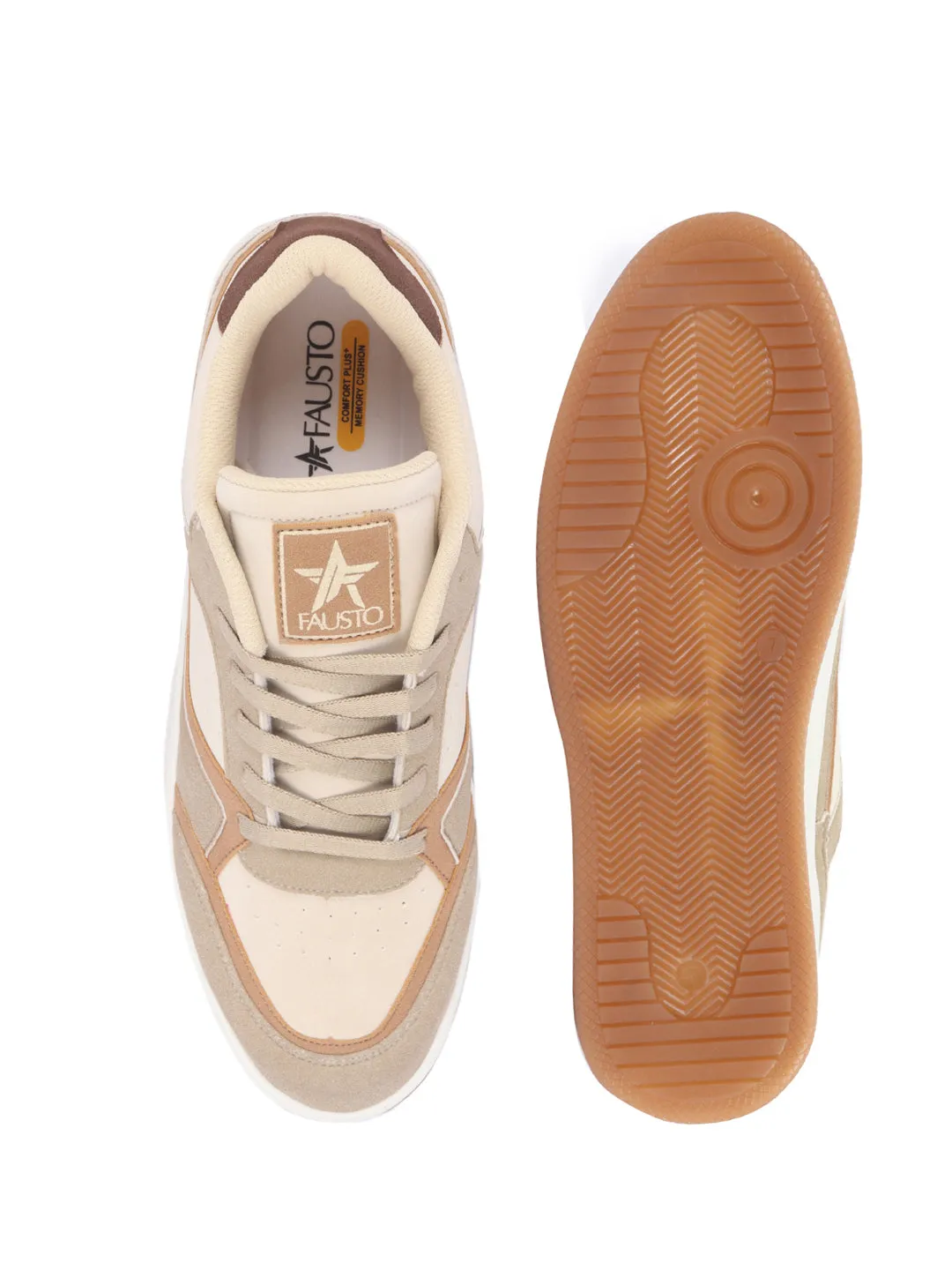Men Beige Colorblocked Low Ankle Contrast Sole Lace Up Sneakers|Classic Combine Style Sneaker Shoes|Lace Up Casual Shoes