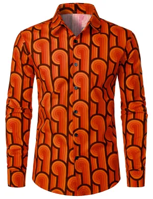 Men's 70s Geometric Cotton Retro Orange Button Up Long Sleeve Shirt