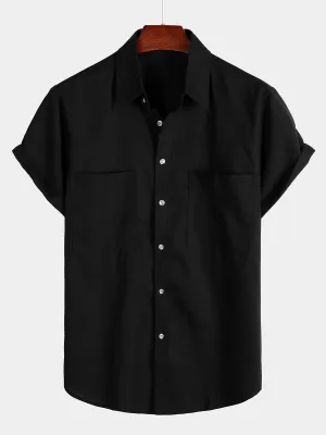 Men's Cotton & Linen Chest Pockets Solid Color Short Sleeve Shirt