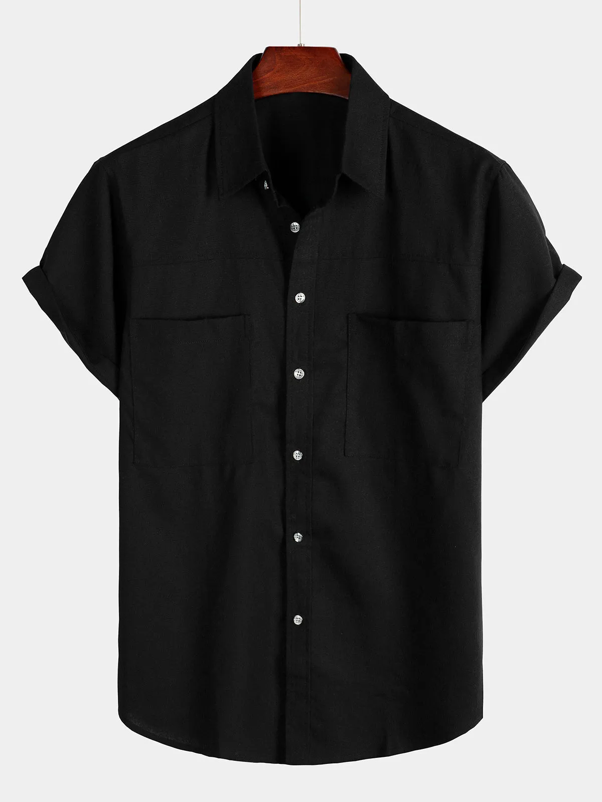 Men's Cotton & Linen Chest Pockets Solid Color Short Sleeve Shirt