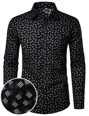 Men's Cotton Casual Geometric Print Button Up Long Sleeve Dress Shirt