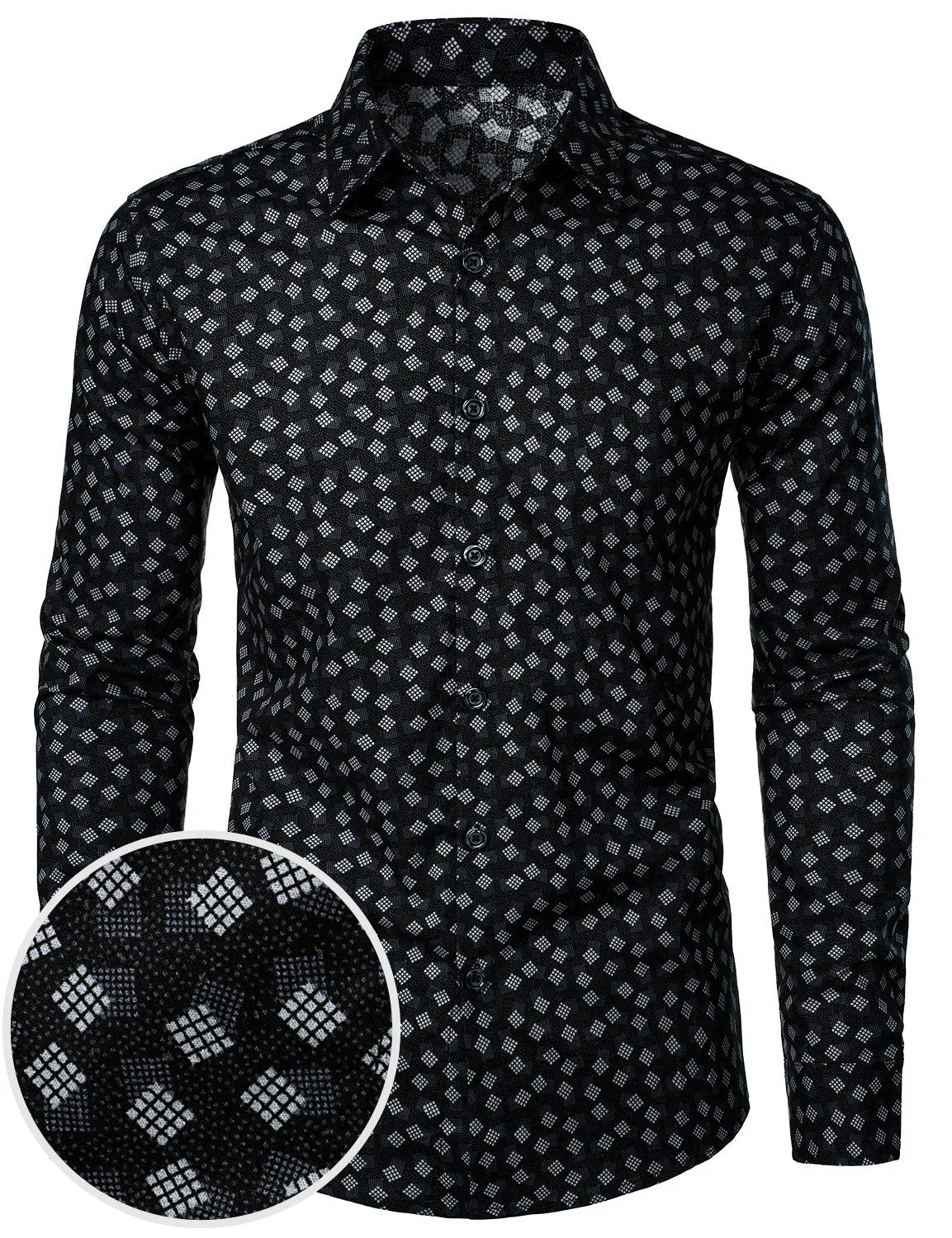 Men's Cotton Casual Geometric Print Button Up Long Sleeve Dress Shirt