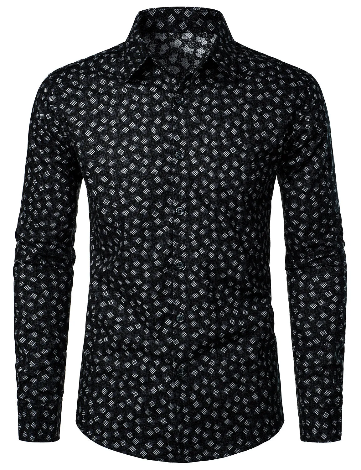 Men's Cotton Casual Geometric Print Button Up Long Sleeve Dress Shirt