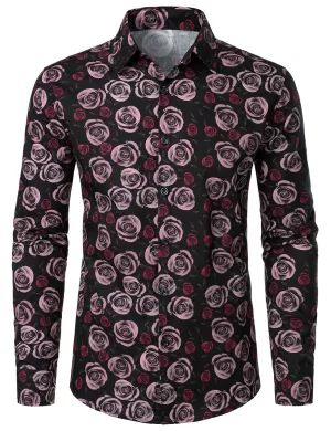 Men's Cotton Rose Print Casual Button Up Long Sleeve Shirt