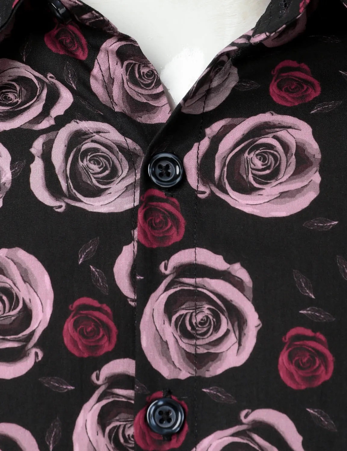 Men's Cotton Rose Print Casual Button Up Long Sleeve Shirt
