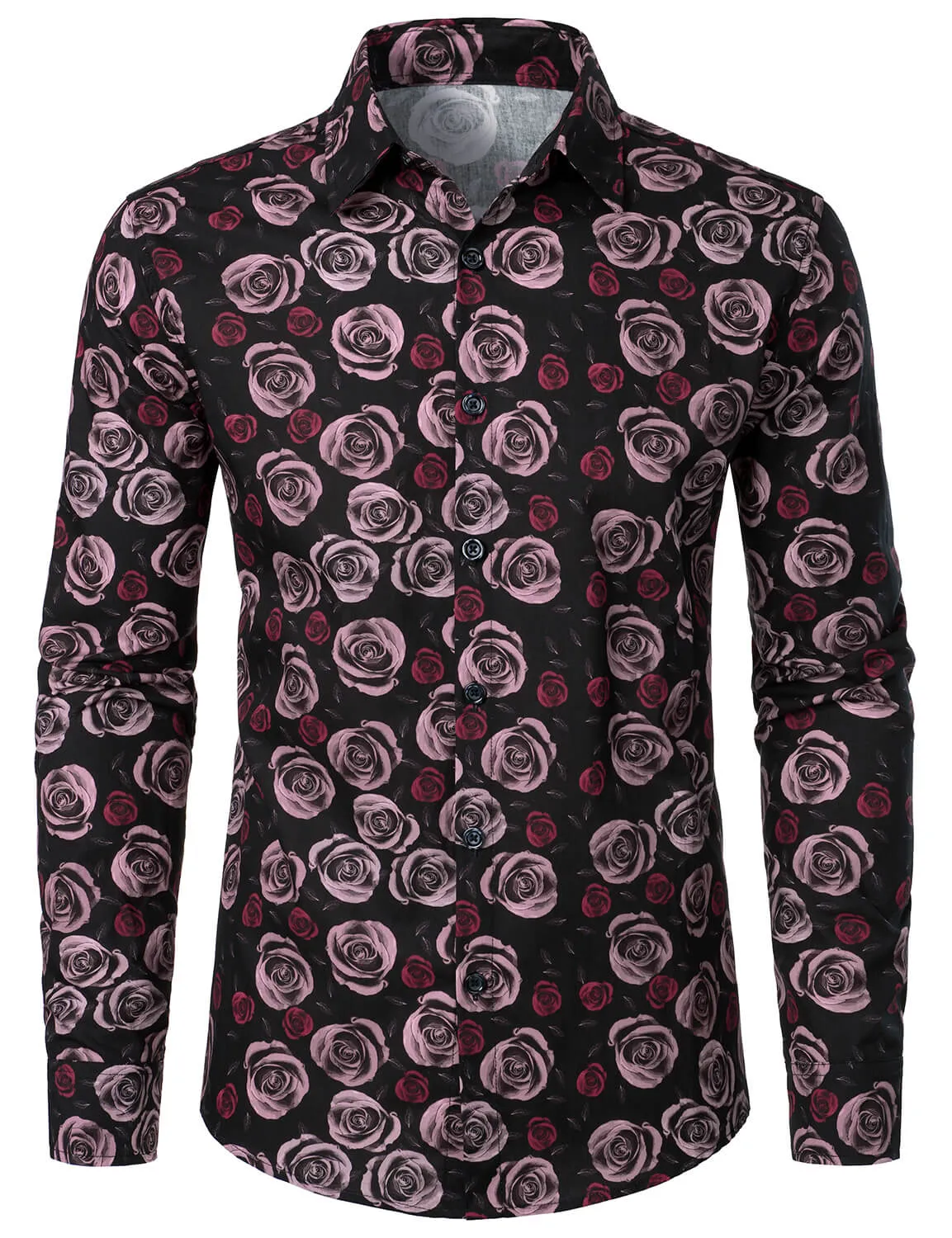 Men's Cotton Rose Print Casual Button Up Long Sleeve Shirt