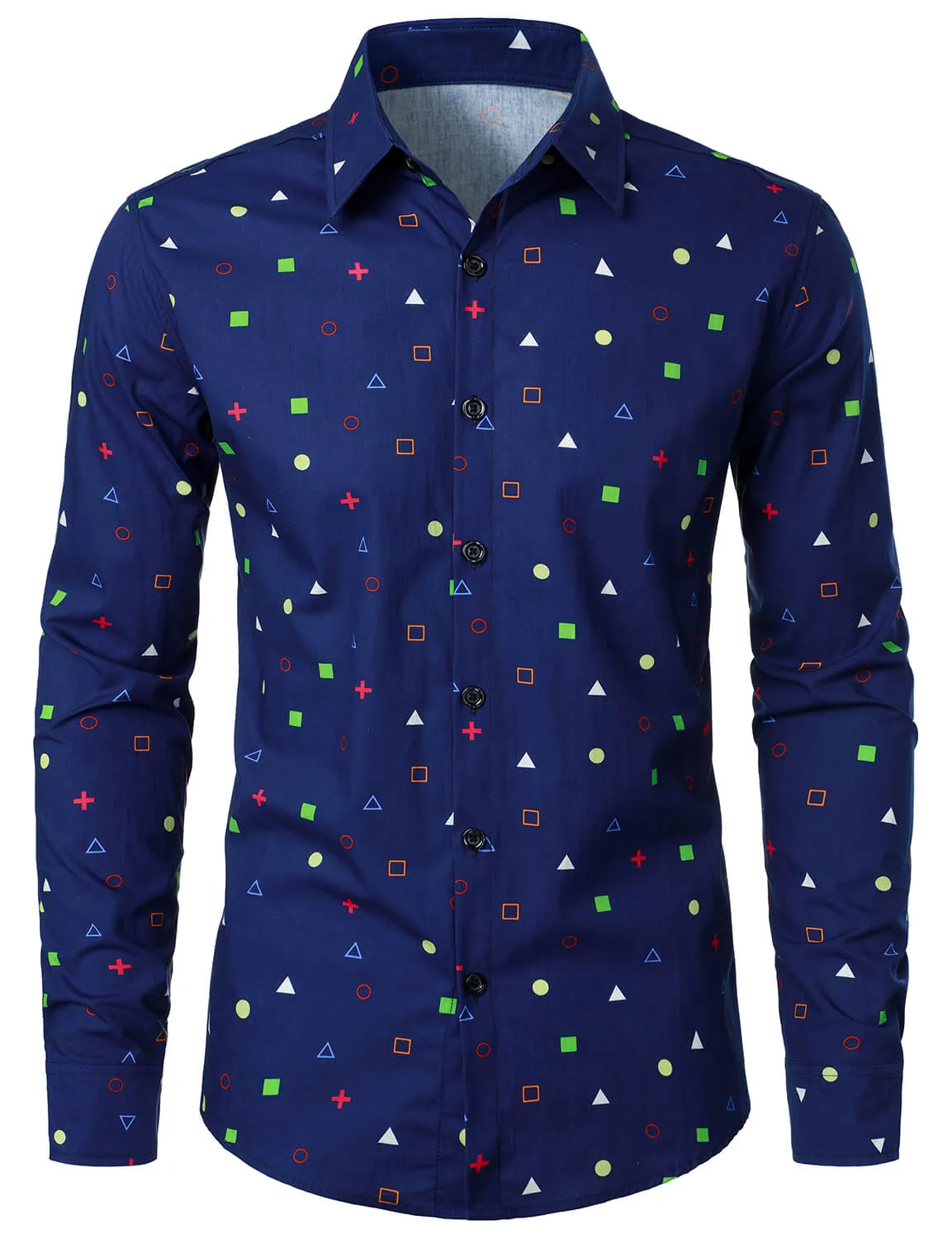 Men's Geometric Print Cotton Button Up Long Sleeve Shirt